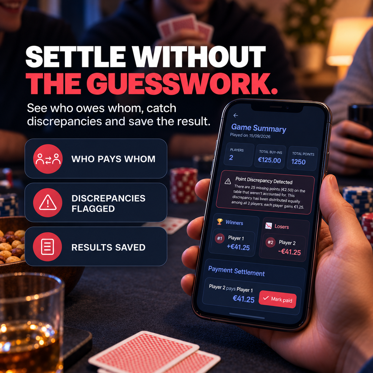 Game summary screen showing who pays whom, a flagged discrepancy and a mark-paid button